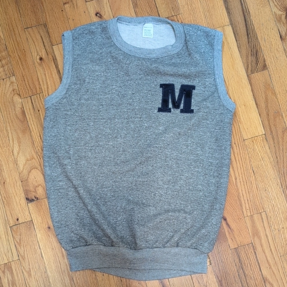 Vintage Gray Sleeveless Sweatshirt with Blue Letter M